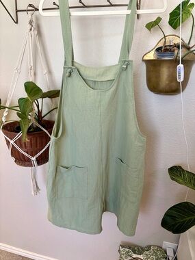 Relaxed Green Cotton-Blend Overalls Romper